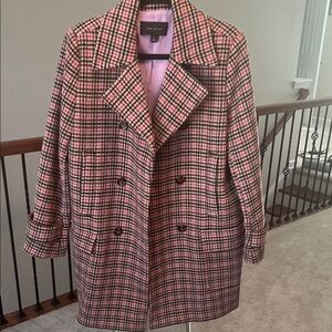Ann Taylor Women's Plaid Pea Coat in Pink and Black